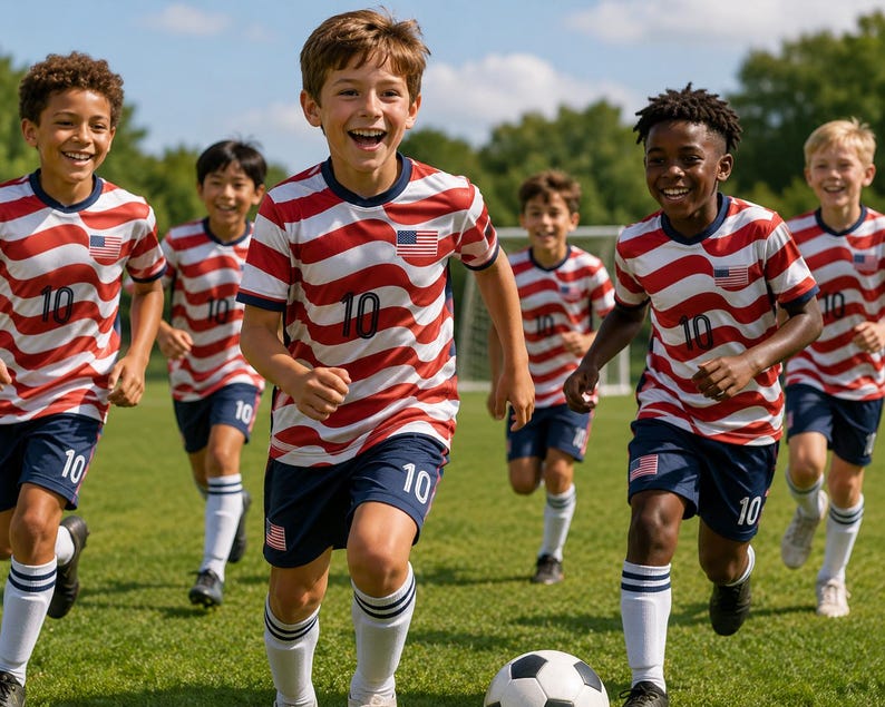May include: A group of children wearing matching soccer uniforms consisting of red and white wavy striped jerseys with a small American flag patch and the number 10, paired with navy blue shorts featuring the number 10 and a small flag patch.