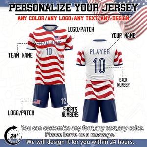 May include: A customizable sports jersey and shorts set featuring a red and white wavy stripe pattern. The front displays a small American flag, space for a team name, and the number 10. The back shows space for a player name and the number 10.