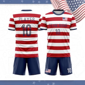 May include: A sports uniform set consisting of a short-sleeved jersey and shorts with red and white horizontal stripes. The jersey features the text PLAYER and number 10 on the back, and TEAM NAME and number 10 on the front with a small US flag patch.