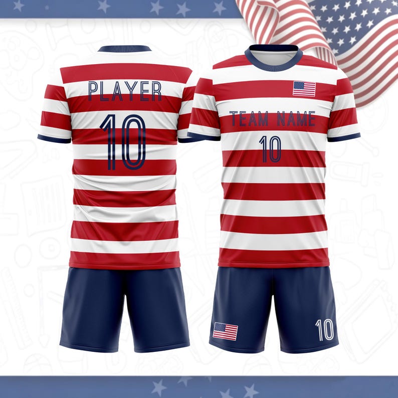 May include: A sports uniform set consisting of a short-sleeved jersey and shorts with red and white horizontal stripes. The jersey features the text PLAYER and number 10 on the back, and TEAM NAME and number 10 on the front with a small US flag patch.