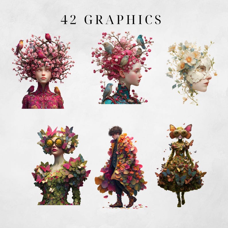 May include: A collection of six digital graphics featuring surreal portraits. The images showcase figures adorned with floral and butterfly elements, including headdresses and clothing. The text "42 GRAPHICS" is at the top of the image.