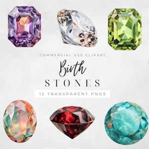 May include: An assortment of colorful birthstones, including a purple and pink gemstone, a clear diamond, and a green emerald-cut stone. The image includes the text "Birth Stones" and "12 Transparent PNGs."