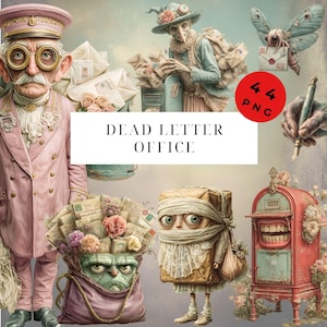 Puede incluir: Una colección digital de 44 imágenes PNG titulada Dead Letter Office que presenta ilustraciones de un cartero con uniforme rosa, un insecto alado que lleva correo, una criatura envuelta en vendas y un buzón rojo con dientes humanos.