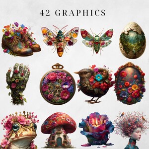 May include: A collection of 42 graphics featuring whimsical illustrations. The images include a pair of boots overflowing with flowers, detailed moths, a cracked egg with a forest scene, a hand covered in flowers, a pocket watch, a bird, a frog, a mushroom house, and a candle.