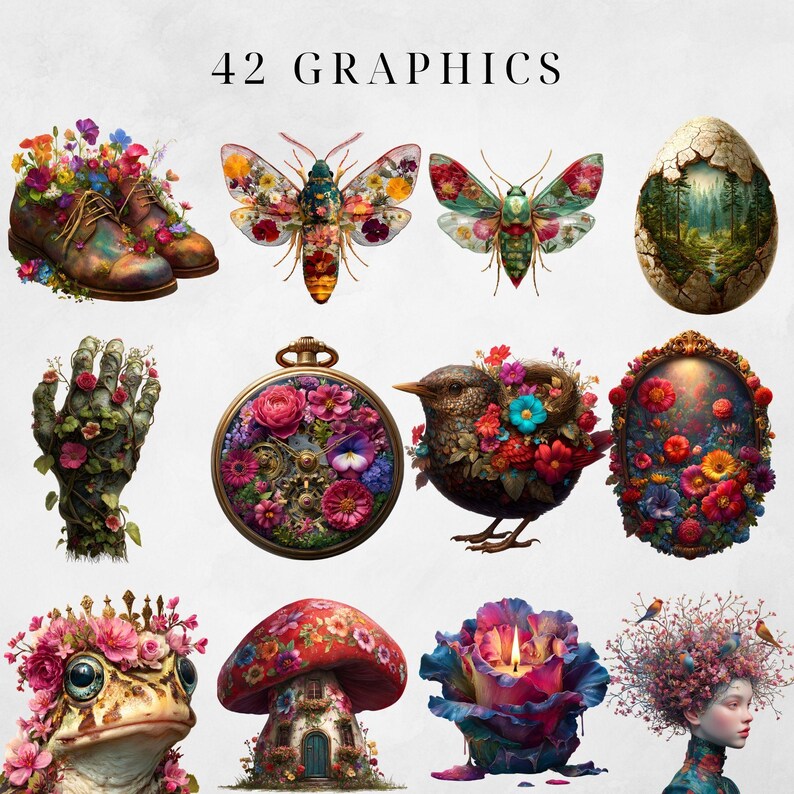 May include: A collection of 42 graphics featuring whimsical illustrations. The images include a pair of boots overflowing with flowers, detailed moths, a cracked egg with a forest scene, a hand covered in flowers, a pocket watch, a bird, a frog, a mushroom house, and a candle.