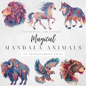 May include: Six vibrant mandala animal illustrations: a lion, horse, wolf, bison, eagle, and tiger. The image features the text "Magical Mandala Animals" and "42 Transparent PNGs".