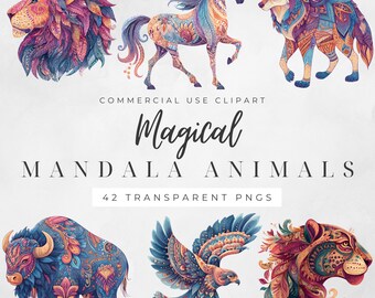 Magical Mandala Animals Clipart Bundle: 42 PNG Zentangle Designs