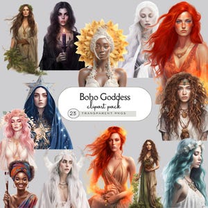 Boho Goddess Clipart, 23 PNG Spiritual Feminine Illustrations, Moon, Nature, Women, Mystical Aesthetic, POD, Junk Journals, Stickers, Diva