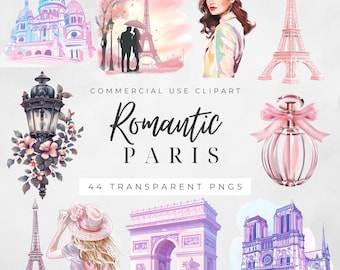 Pink Paris Clipart: Watercolor French Cafe , Eiffel Tower Illustrations (Digital Download PNG)