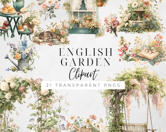 English Garden Clipart, Floral Watercolor Clipart, Digital Download for Creative Projects, Junk Journal Art, Vintage PNG