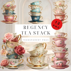 May include: A collection of stacked teacups and saucers in various pastel colors, including pink, blue, and gold. The teacups feature floral designs and gold accents. The image includes the text "REGENCY TEA STACK" and "TRANSPARENT PNGS". A red circle with the text "12 PNG" is also present.