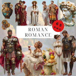 Può includere: Illustrazioni digitali a tema romano. L'immagine include raffigurazioni di figure romane in abiti tradizionali, un busto in marmo e vasi decorativi. Il testo "ROMAN ROMANCE" è visualizzato, insieme a una grafica "65 PNG".