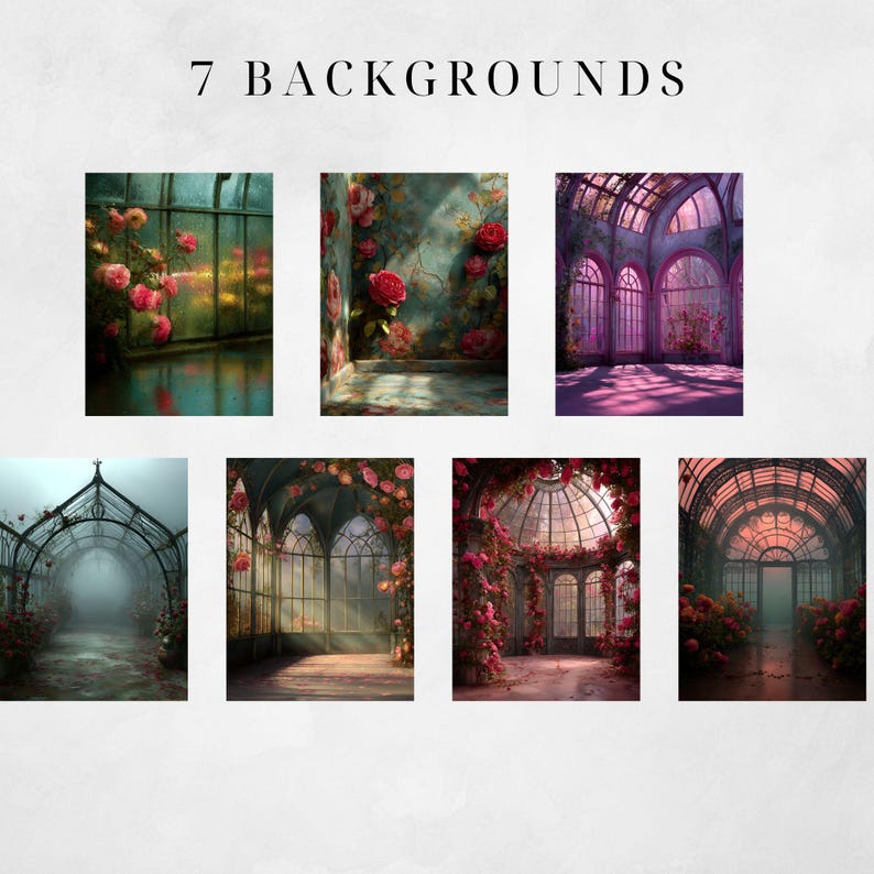 Pu&ograve; includere: Un'immagine che mostra sette diversi design di sfondo. Ogni sfondo presenta un tema floreale romantico, con rose ed elementi architettonici come finestre ad arco e strutture di serre. Il testo "7 BACKGROUNDS" &egrave; in alto.