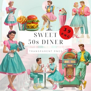 Op de afbeelding: Een digitale collage met een jaren 50 diner-thema, met retro illustraties. De afbeelding bevat servers, koppels, een jukebox, hamburgers, friet en milkshakes. Tekst luidt "Sweet 50s Diner" en "Transparent PNGs".