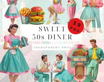 May include: A digital collage featuring retro illustrations of a 1950s diner theme. The image includes servers, couples, a jukebox, burgers, fries, and milkshakes. Text reads "Sweet 50s Diner" and "Transparent PNGs".