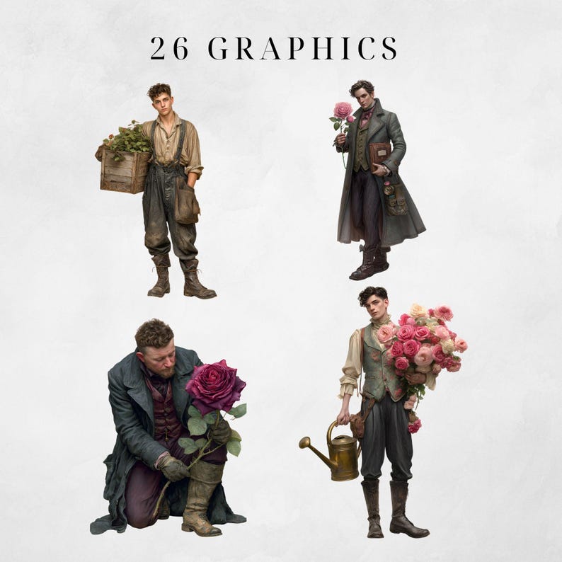 Pu&ograve; includere: Illustrazione digitale con quattro figure in abiti vintage, ognuna con fiori o attrezzi da giardinaggio. Il testo "26 GRAPHICS" &egrave; in alto. Le figure sono in varie pose, su uno sfondo neutro.
