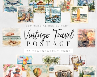 Vintage Travel Postage Clipart, Retro Digital Download for Scrapbooking, Ephemera, and Journaling Projects