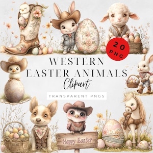 May include: Watercolor clipart featuring Western-themed Easter animals. Includes a cowboy boot with a chick, a bunny with an egg, a lamb with eggs, and other animals. The text reads "Western Easter Animals Clipart" and "Transparent PNGs."