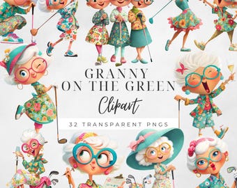 Old Lady Golfer Clipart: Quirky Grandma Golfing PNG, Digital Download for Crafts, Cheerful Senior Art, Whimsical Senior Woman Golf