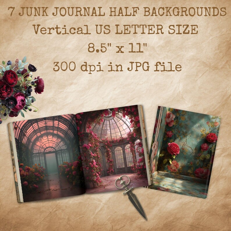 Pu&ograve; includere: Un diario spazzatura aperto con due pagine che presentano un'illustrazione romantica di una serra con rose rosa. Il diario misura 21,6 cm x 27,9 cm e include il testo "7 JUNK JOURNAL HALF BACKGROUNDS" e "Vertical US LETTER SIZE".