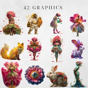 May include: A collection of 12 whimsical graphics featuring fantasy creatures and floral elements. The illustrations include a fox, a bee, fairies, and a rabbit with a flower-covered door. The text "42 GRAPHICS" is at the top.