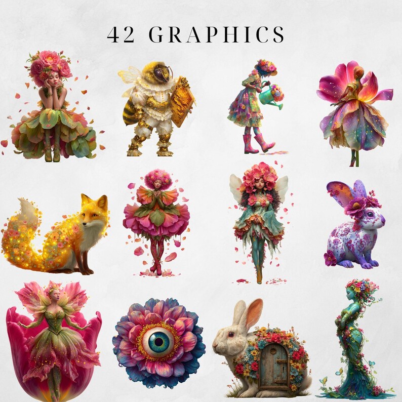 May include: A collection of 12 whimsical graphics featuring fantasy creatures and floral elements. The illustrations include a fox, a bee, fairies, and a rabbit with a flower-covered door. The text "42 GRAPHICS" is at the top.