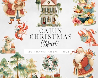 Cajun Christmas Clipart, Watercolor Santa & Alligator PNG, Southern Bayou Digital Download for Holiday Crafts, New Orleans Xmass