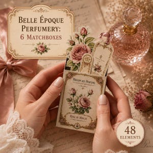 Puede incluir: Un set de cajas de cerillas titulado Belle Époque Perfumery que incluye 6 cajas y 48 elementos. La caja muestra ilustraciones florales y el texto Maison des Parfums, Collection Botanique y Rose de Minuit con una estética vintage.