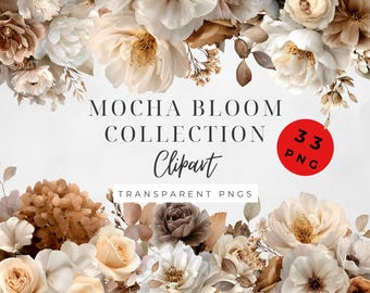 Mocha Flowers Clipart, Watercolor Bouquet, Neutral Wedding Invitation, Floral Frame Graphics, Digital Download, Bohemian Decor