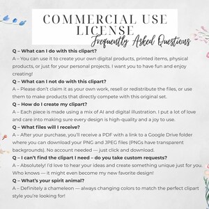 May include: A digital art license document with the title "Commercial Use License Frequently Asked Questions." The document includes questions and answers about the use of the clipart, with floral watercolor accents.