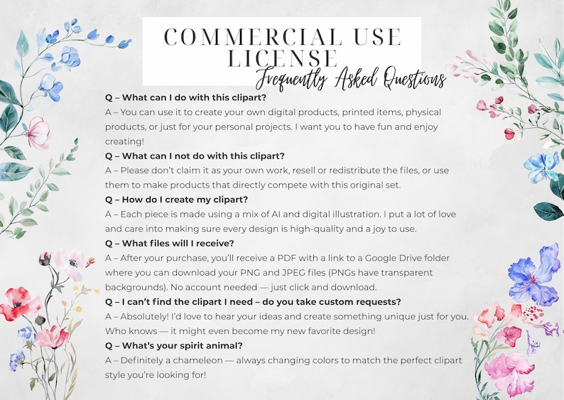 May include: A digital art license document with the title "Commercial Use License Frequently Asked Questions." The document includes questions and answers about the use of the clipart, with floral watercolor accents.