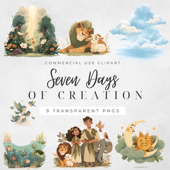 Days of Creation Clipart: Watercolor Bible Story Graphics (Digital Download PNG), Sunday School Resource