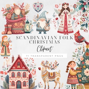 Folk Christmas Clipart Bundle, Whimsical Scandinavian Holiday PNGs,Digital Download for Winter Crafts, Gouache Festive Illustrations for DIY