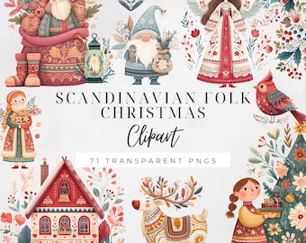 Folk Christmas Clipart Bundle, Whimsical Scandinavian Holiday PNGs,Digital Download for Winter Crafts, Gouache Festive Illustrations for DIY