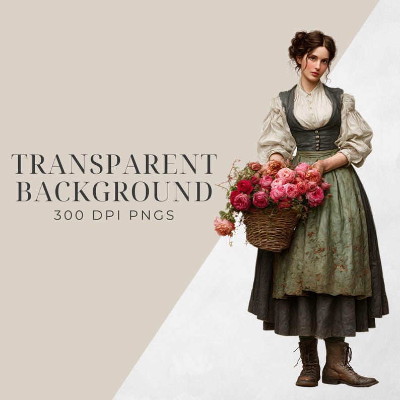 Pu&ograve; includere: Illustrazione digitale di una persona in abito vintage che tiene un cesto di vimini pieno di rose rosa e rosse. Il testo "TRANSPARENT BACKGROUND 300 DPI PNGS" &egrave; visualizzato sul lato sinistro dell'immagine.