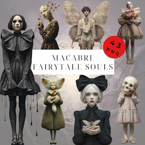 May include: A digital art collection titled "Macabre Fairytale Souls" featuring stylized figures in dark, gothic-inspired attire. The images include figures with butterfly wings, skull masks, and other fantastical elements. A red circle with the text "43 PNG" is also present.