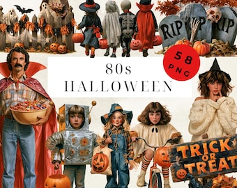 Retro-Halloween-Clipart-Bundle, 58 PNG-Dateien, 80er-Jahre-Nostalgie, DIY-Karten, Junk-Journal-Set, Scrapbooking-Zubehör, kommerzielle Nutzung, Sublimation