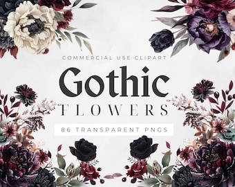 Gothic Aquarell Blumen Clipart PNG: Hochzeitsblumen, Dark Academia (digitaler Download)
