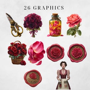 Pu&ograve; includere: Un assortimento di 26 grafiche con elementi floreali. Include un bouquet di rose rosso scuro, un barattolo di vetro pieno di petali, una singola rosa rosa, un cesto di rose, petali di rosa, sigilli di cera e una donna che tiene una bottiglia.