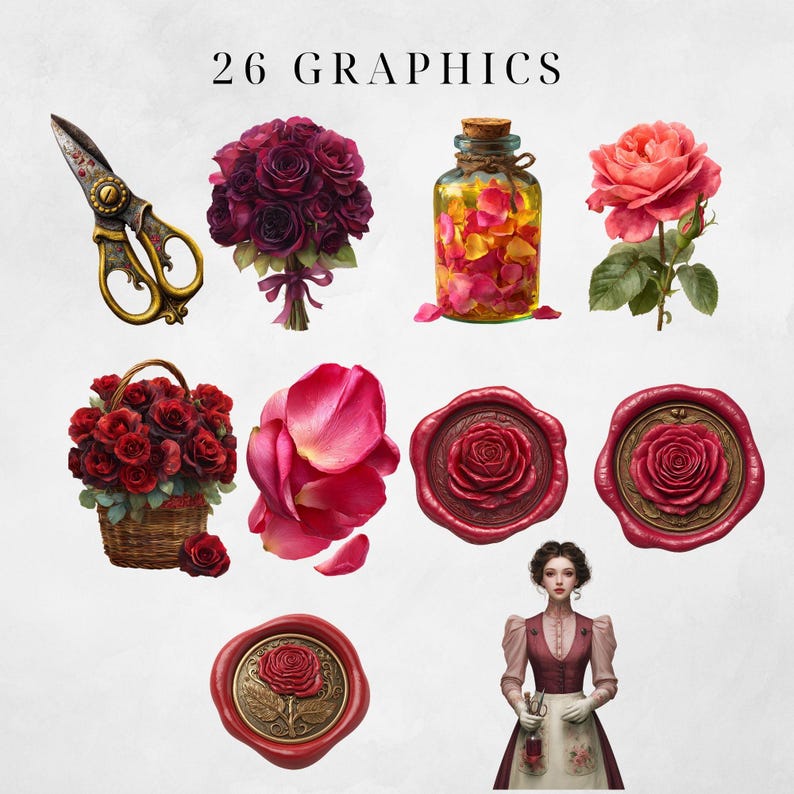 Pu&ograve; includere: Un assortimento di 26 grafiche con elementi floreali. Include un bouquet di rose rosso scuro, un barattolo di vetro pieno di petali, una singola rosa rosa, un cesto di rose, petali di rosa, sigilli di cera e una donna che tiene una bottiglia.