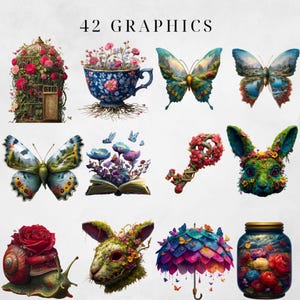 May include: A collection of 42 graphics featuring whimsical illustrations. The images include a birdcage with roses, a teacup overflowing with flowers, butterflies, a floral key, a rabbit head with flowers, a snail with a rose, an umbrella with butterflies, and a jar filled with flowers.