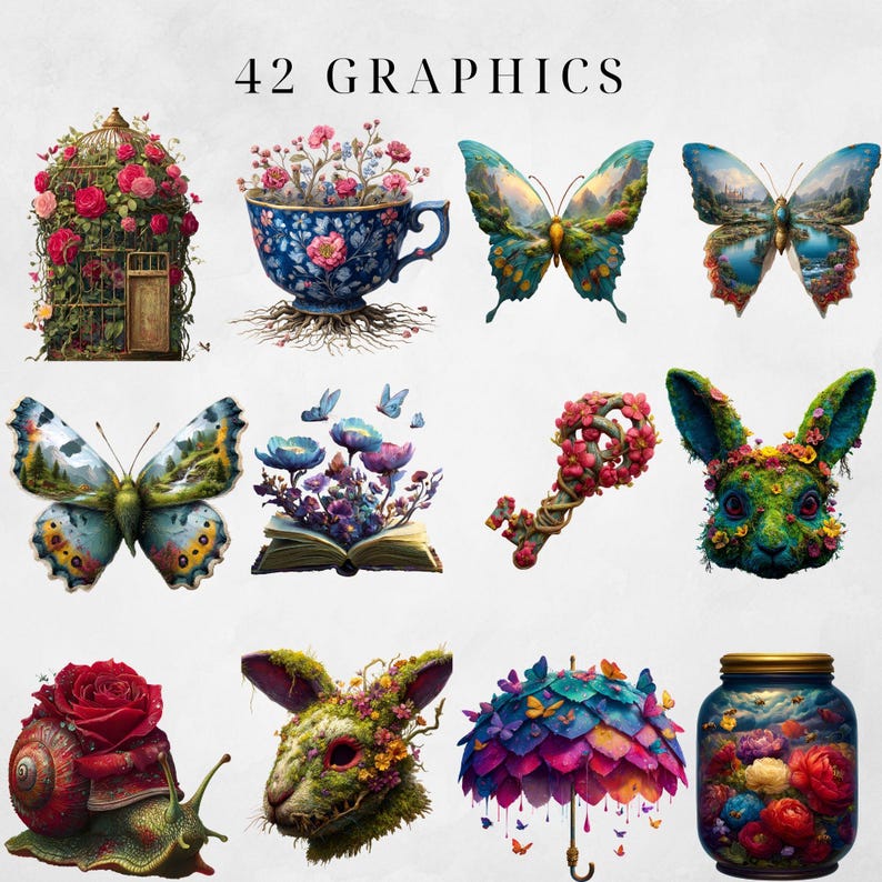 May include: A collection of 42 graphics featuring whimsical illustrations. The images include a birdcage with roses, a teacup overflowing with flowers, butterflies, a floral key, a rabbit head with flowers, a snail with a rose, an umbrella with butterflies, and a jar filled with flowers.