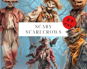 Scary Halloween Scarecrow Clipart, 27 PNG, Autumn Junk Journal, Digital Scrapbooking, DYI, Cards, Surreal Characters, Commercial Use