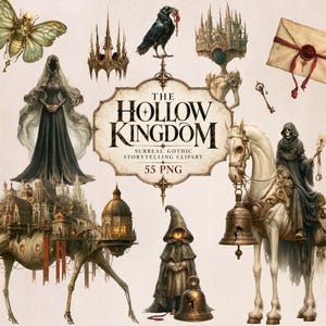 Könnte beinhalten: Eine digitale Sammlung gotischer Illustrationen mit dem Titel The Hollow Kingdom, die eine verhüllte Gestalt, ein Skelett auf einem weißen Pferd, einen Raben, eine Burg, ein geflügeltes Insekt, einen versiegelten Umschlag, einen Schlüssel und eine Glocke zeigt.