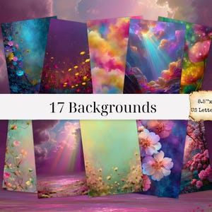 May include: A collection of 17 digital backgrounds, each featuring vibrant, colorful, and dreamy landscapes. The backgrounds are 8.5" x 11" US Letter Size, with a variety of floral and cloud-filled scenes in shades of blue, purple, and pink.