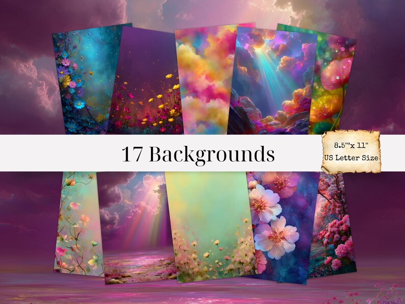 May include: A collection of 17 digital backgrounds, each featuring vibrant, colorful, and dreamy landscapes. The backgrounds are 8.5" x 11" US Letter Size, with a variety of floral and cloud-filled scenes in shades of blue, purple, and pink.