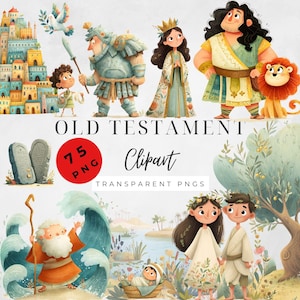 Może przedstawiać: Zestaw cyfrowych clipartów z ilustracjami postaci i scen ze Starego Testamentu. Zawiera obrazy zamku, rycerza, królowej, mężczyzny z lwem, Mojżesza rozdzielającego morze i inne. Tekst "OLD TESTAMENT Clipart" jest również zawarty.