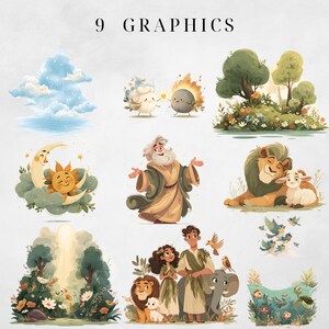 May include: Nine whimsical graphics featuring illustrations of clouds, sun and moon characters, a man with open arms, a lion and lamb, a couple with animals, and other nature scenes. The text "9 GRAPHICS" is at the top.