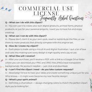 May include: A digital art license document with the title "Commercial Use License Frequently Asked Questions." The document includes questions and answers about the use of the clipart, with floral watercolor accents.