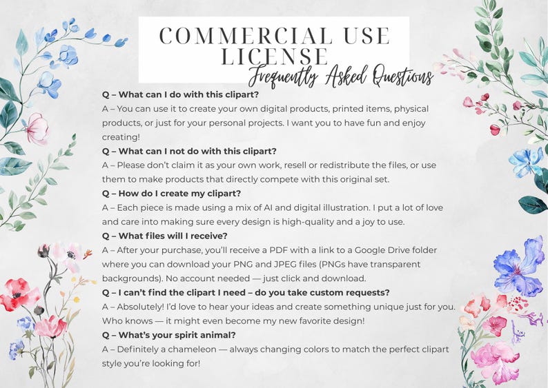 May include: A digital art license document with the title "Commercial Use License Frequently Asked Questions." The document includes questions and answers about the use of the clipart, with floral watercolor accents.